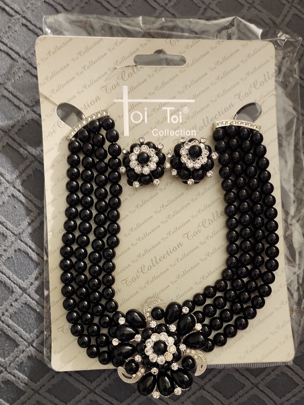 Black Bead Statement Necklace & Clip On Earrings Set